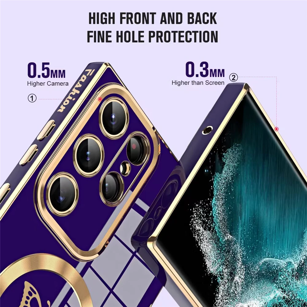 Luxusné galvanické magnetické motýľové puzdro pre Samsung S23 Ultra S22 S21 Plus pre bezdrôtové nabíjanie Magsafe Mäkký silikónový kryt_voghion.com