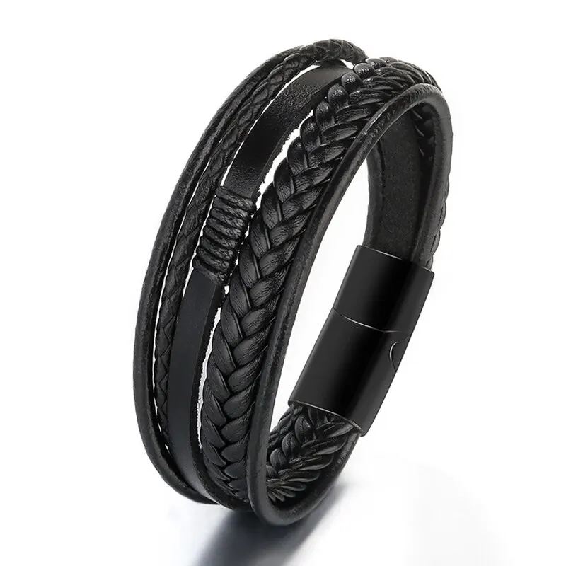 Leather Bracelet Men Genuine Multilayer Braided Rope