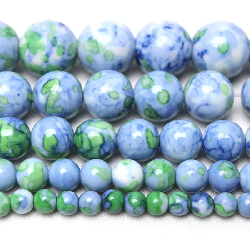 Perles rondes en pierre naturelle de jaspe de pluie, vert, bleu, blanc, pour bricolage de bijoux, bracelet de direction, 4/6/8/10/12mm, vente en gros