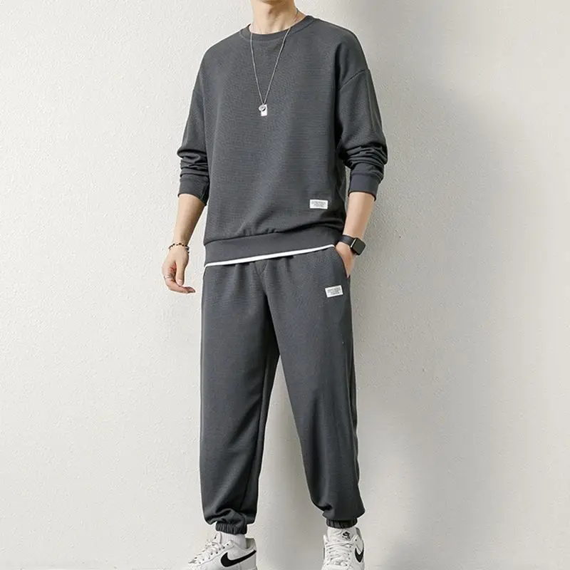 Autumn Winter Round Neck Waffle Loose Casual Sweatshirt Elastic Waist Sweatpants Suit Male Solid Color Pants Set Men's Clothing