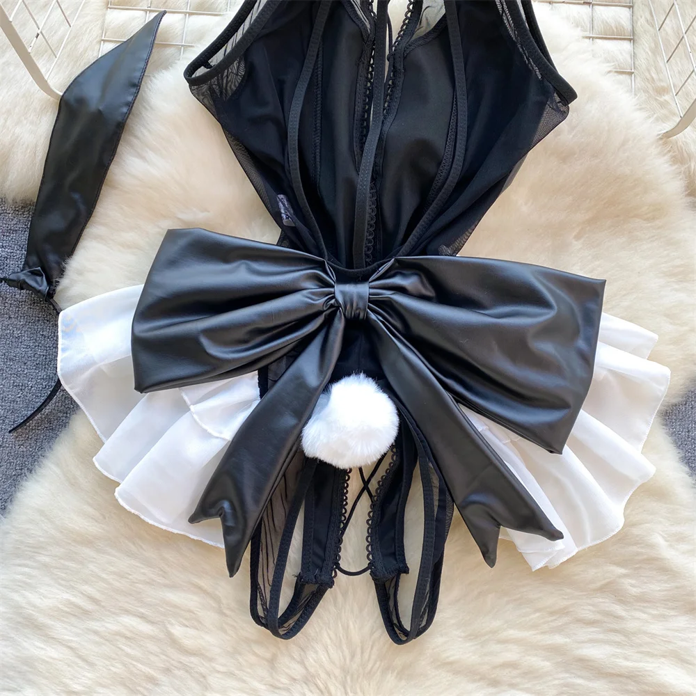 Sexy Sleeveless Halter Neck Leather Patchwork Lace Mesh Skirt Slim Fitting Pajama Jumpsuit Hotsweet Cosplay Bunny Girl Bodysuit