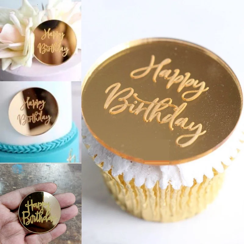 Acrylic Rose Gold Silver Happy Birthday Cake Topper Circle Cupcake Toppers Cake Decoration Birthday Party Dessert 10pcs birthday party supplies cake topper cake decorations cake toppers cupcake supplies