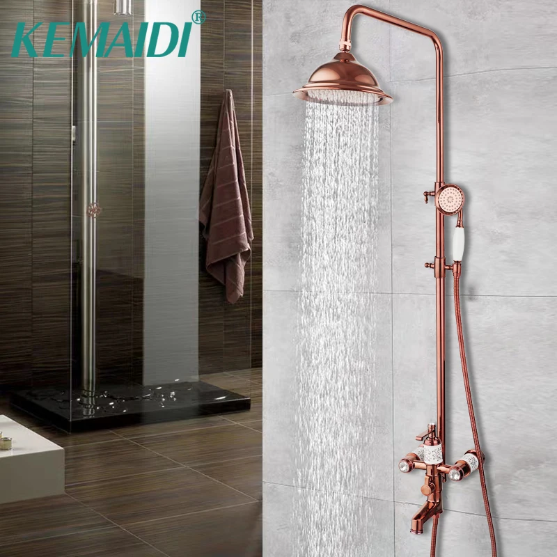 

KEMAIDI Solid Brass Bathroom Shower Set Rose Golden Rainfall Shower Head & Spray Bathtub Mixer Hand Shower Facuet Wall Mounted