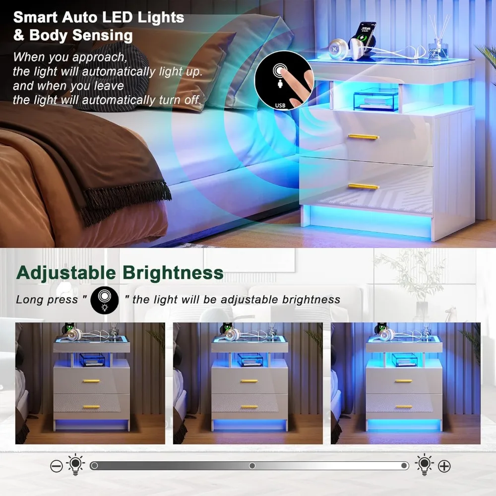 LED Nightstands 2 Storage Drawers Smart Night Stand Auto Sensor Lights Modern Bed Side Table Charging Station