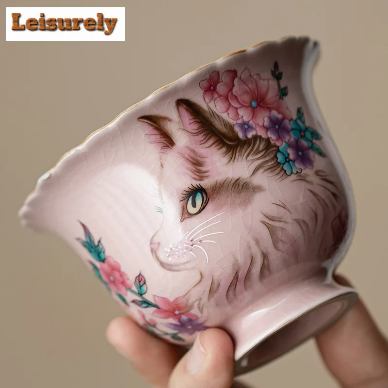 Pink Ru Kiln Flower Cat Gaiwan Antique Not Hot Tea Tureen Tea Bowl With Lid Kit Tea Maker Cover Bowl Kung Fu Tea Set Ornaments