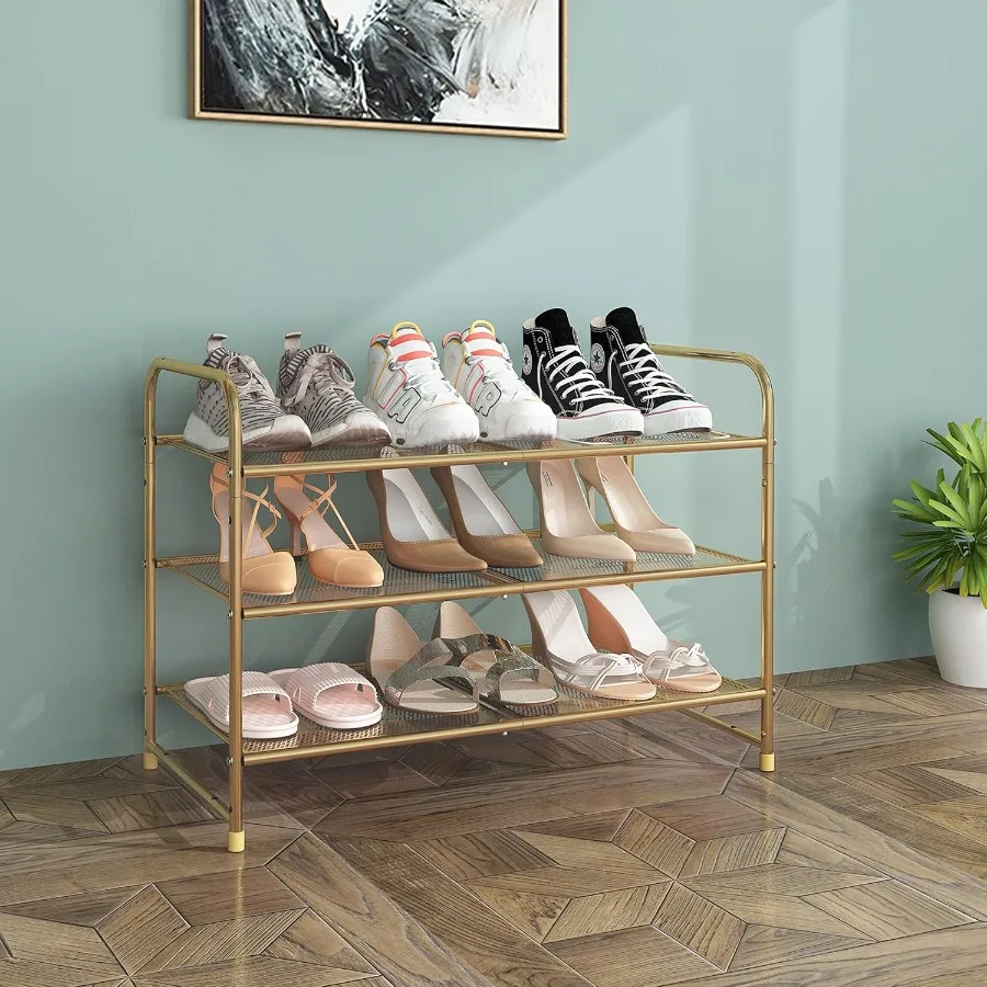 3Tier Stackable Shoe Rack Expandable Adjustable Shoe Shelf Storage Organizer Metal Mesh Gold