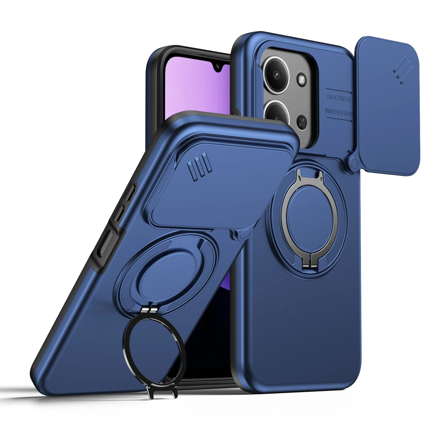 Shockproof Sliding Camera Cover Case with Metal Ring Stand and TPU Frame - Armor Series