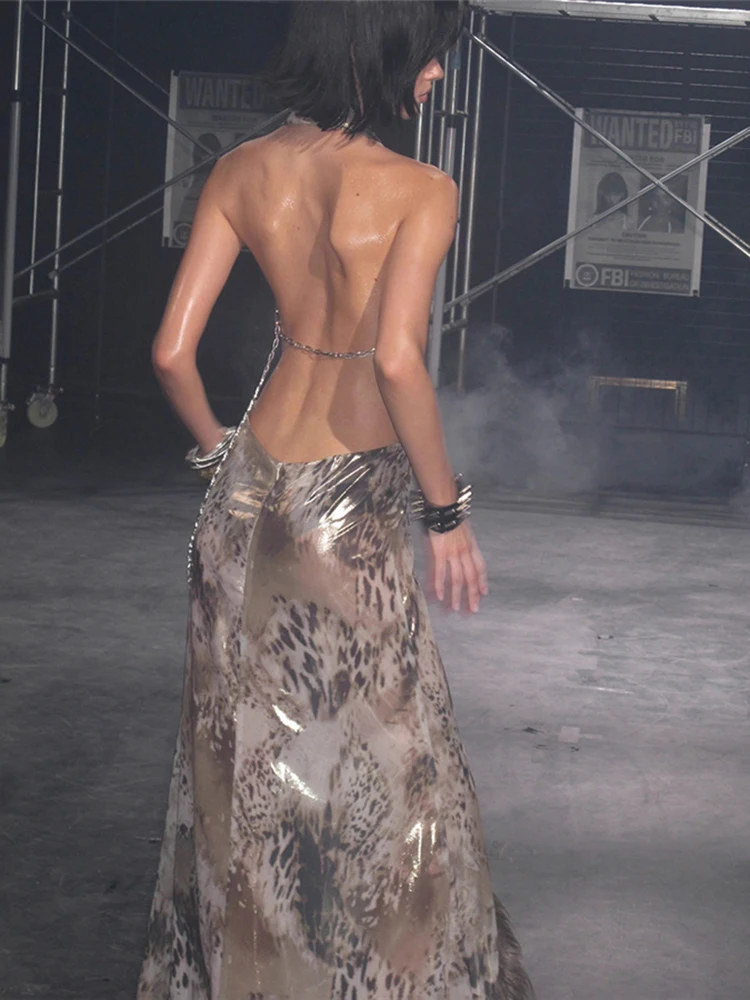 Nibber Patchwork Fluffy Slit Hem Maxi Dress Women Leopard Print Halter Deep v-Neck Backless Sleeveless Sexy Wild Skinny Vestidos