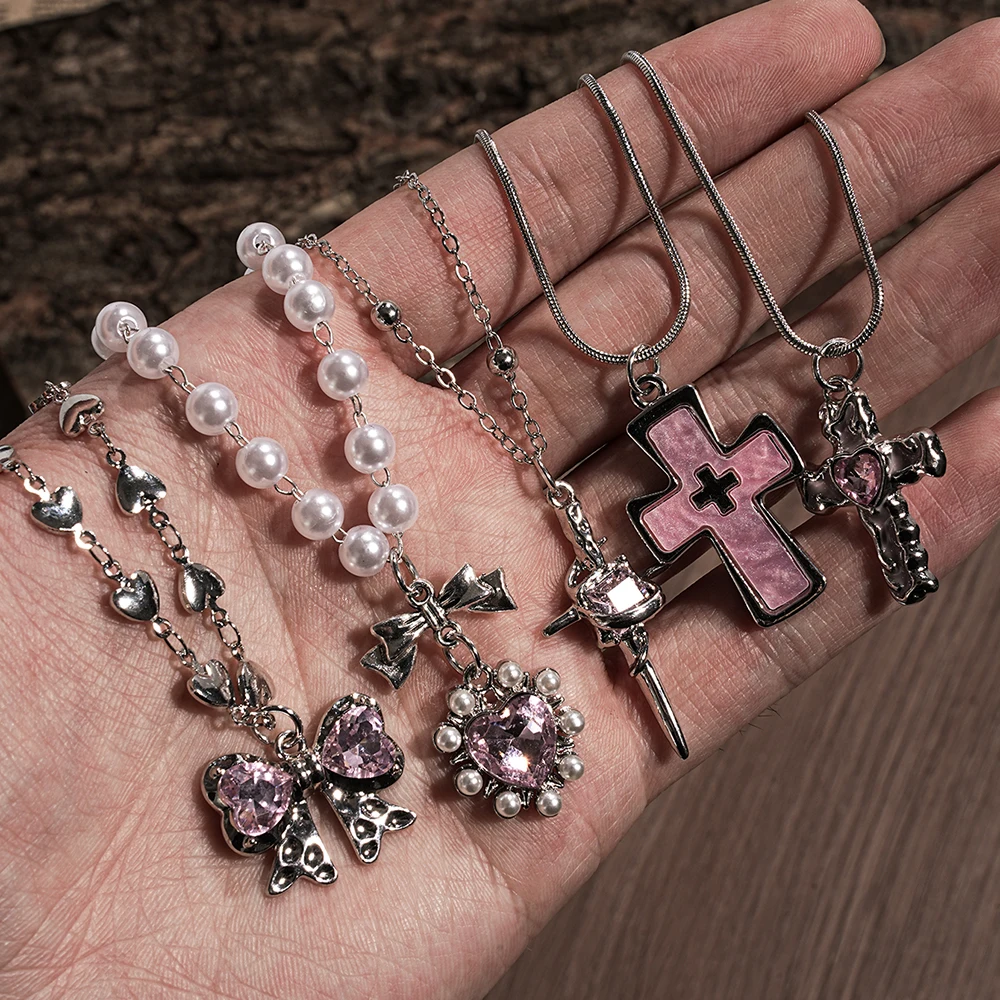 Y2K Sweet Cool Creative Inlaid Pink Love Zircon Bow Cross Pendant Necklace Set, Suitable for Women's Daily Wear, Small Jewelry G 4