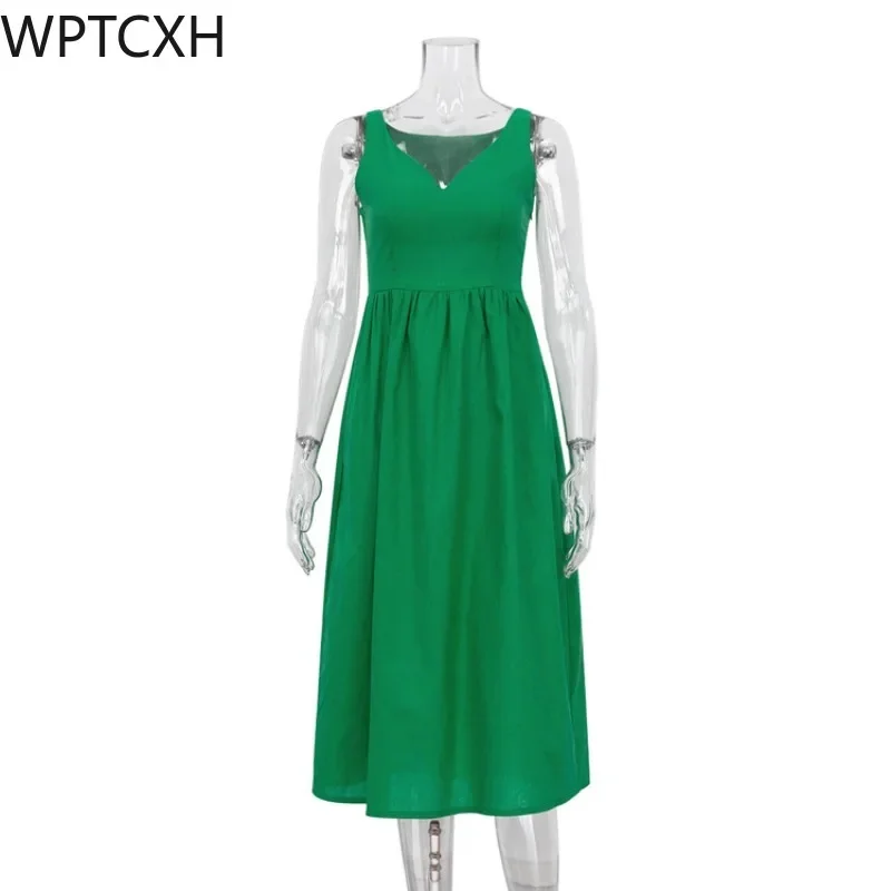 

Gentle Temperament European-American Style 2024 Summer New Vneck Casual Elegant Long Loose Sleeveless Simple Commuter Dress