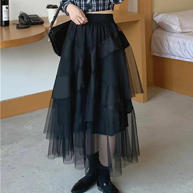 Women High Waist Skirt Casual Solid Sweet Cute Elegant A-Line Mid-Calf Skirt Ladies Harajuku Vintage Irregular Skirts Female blue skirt