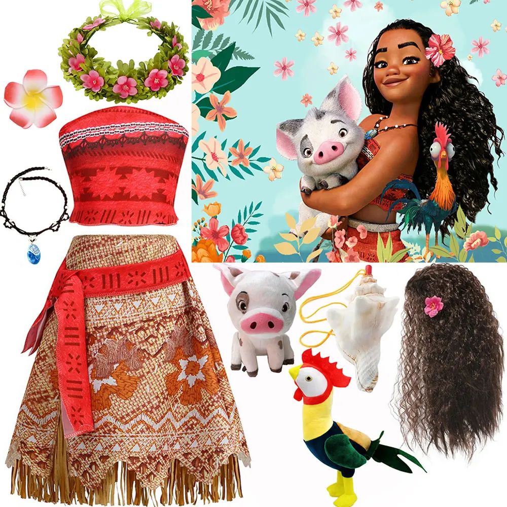 Disney Summer Halloween New Moana Dress for Girls Cosplay Moana Princess Dress Children Carnival Party Two Piece Set Costume
