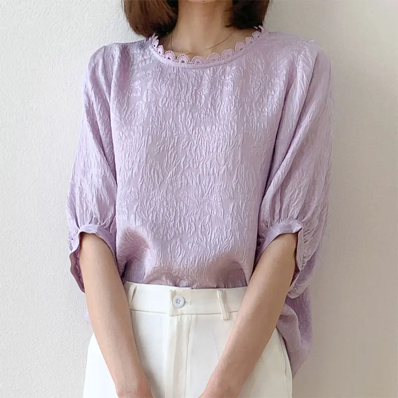 

Women Silk Blouse 100% Mulberry Silk Lace Crew Neck Solid Color White Purple Half Lantern Sleeve Pullover Shirt Top M L XL MM879