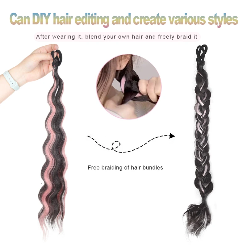 LUPU 18-inch Rainbow Long Curly Ponytail Hair Extensions Synthetic Rubber Band Style for Fashion Party Role-Playing