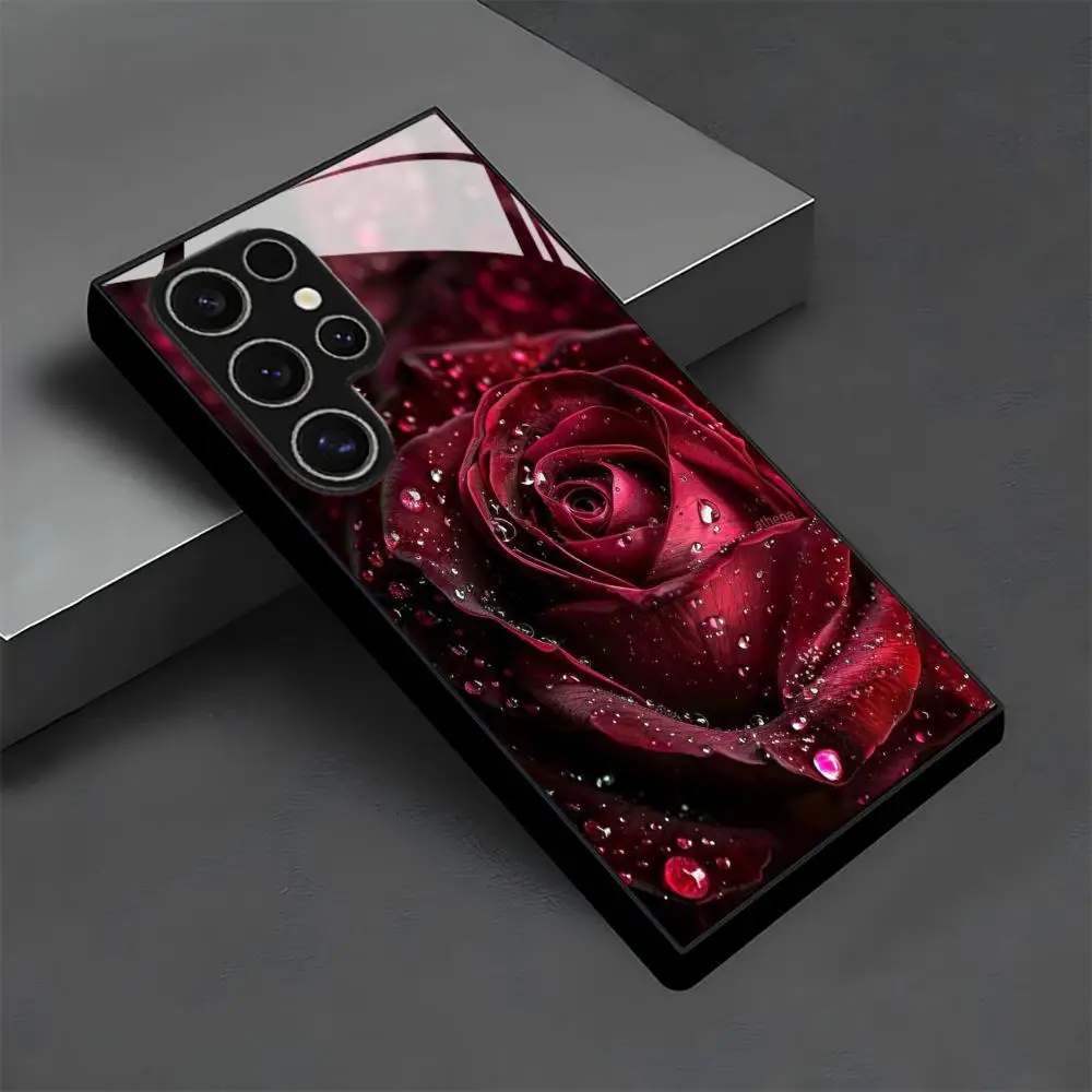 Elegant Red Rose Frosted Glass Phone Case - Non-Slip Full Cover Design