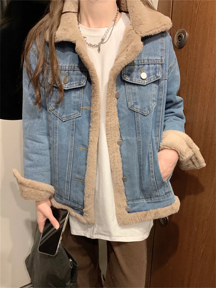 

Loose Lamb Cashmere Denim Coat Women's Autumn Winter New Oversize Neutral Long Sleeve BF Style Thickening Warm Jacket Female