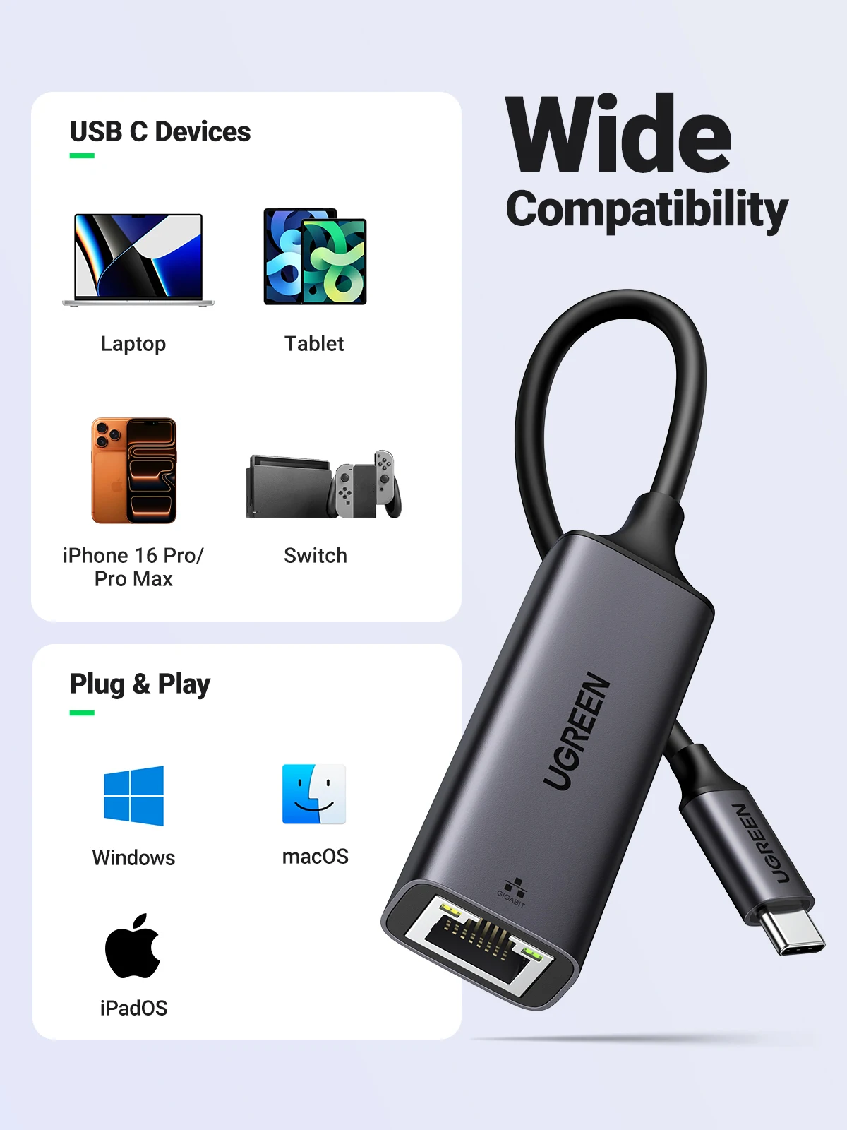 UGREEN USB Ethernet Adapter 1000/100Mbps USB Lan RJ45 For Laptop Macbook Samsung iPad USB Ethernet Network Card - 5