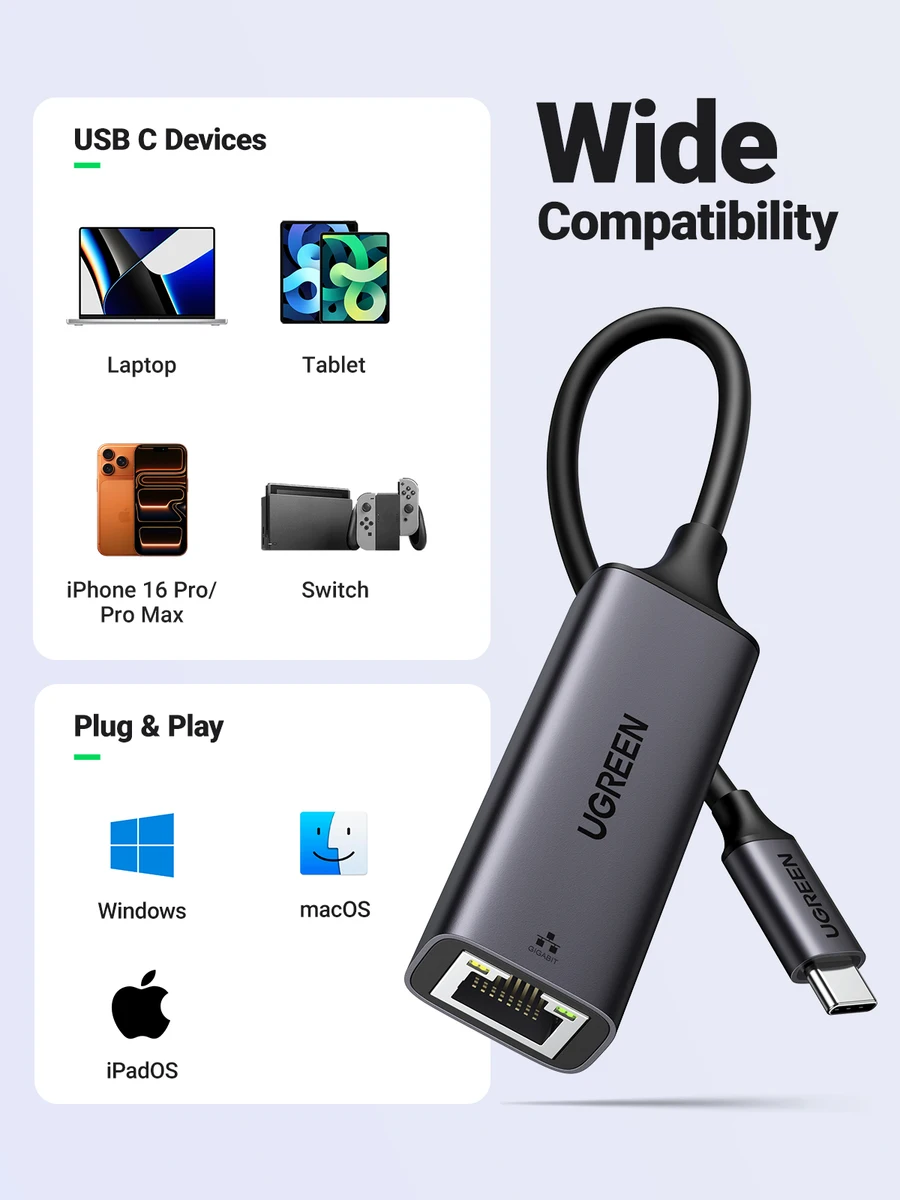 UGREEN USB Ethernet Adapter 1000/100Mbps USB Lan RJ45 For Laptop Macbook Samsung iPad USB Ethernet Network Card — view 5