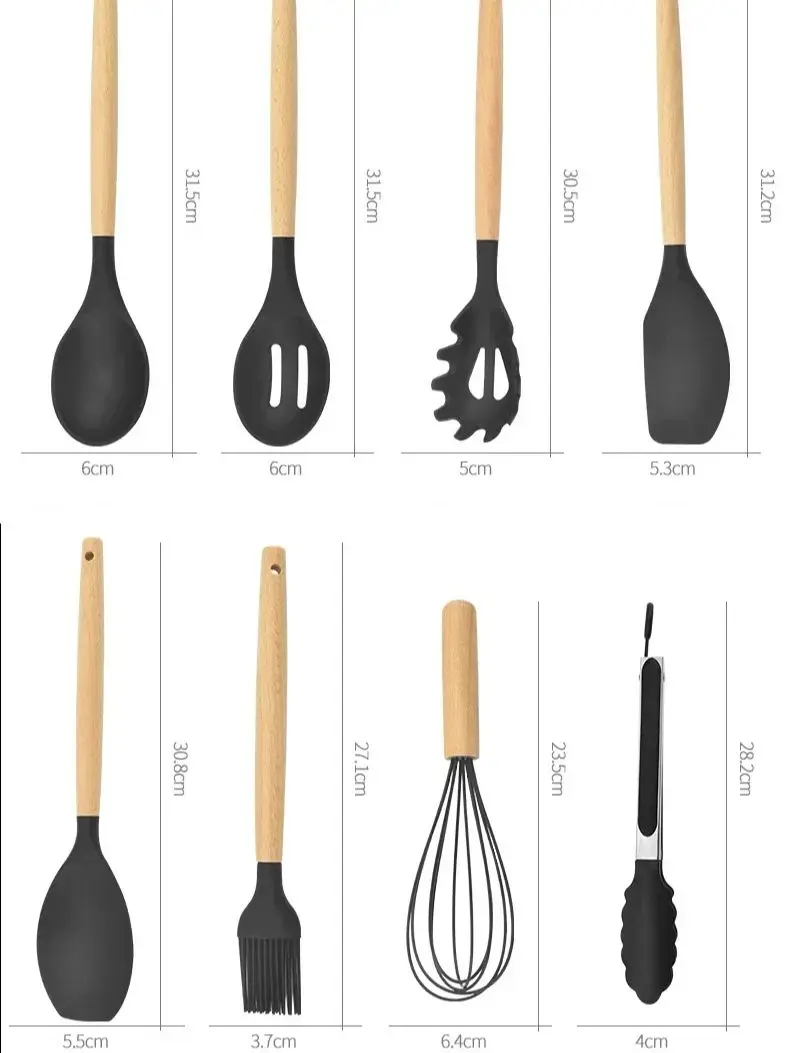 Kitchen Utensils 12PCS Silicone Kitchenware Non-Stick Cookware Kitchen Utensils Set Spatula Shovel Egg Beaters Wooden Handle Cooking Tool Set