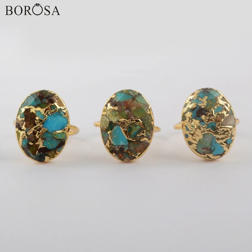 

BOROSA 5/10Pcs Copper Turquoises Ring Natural Stone for Women Golden Plated Rings Anniversary Jewelry Christmas Gift Accessories