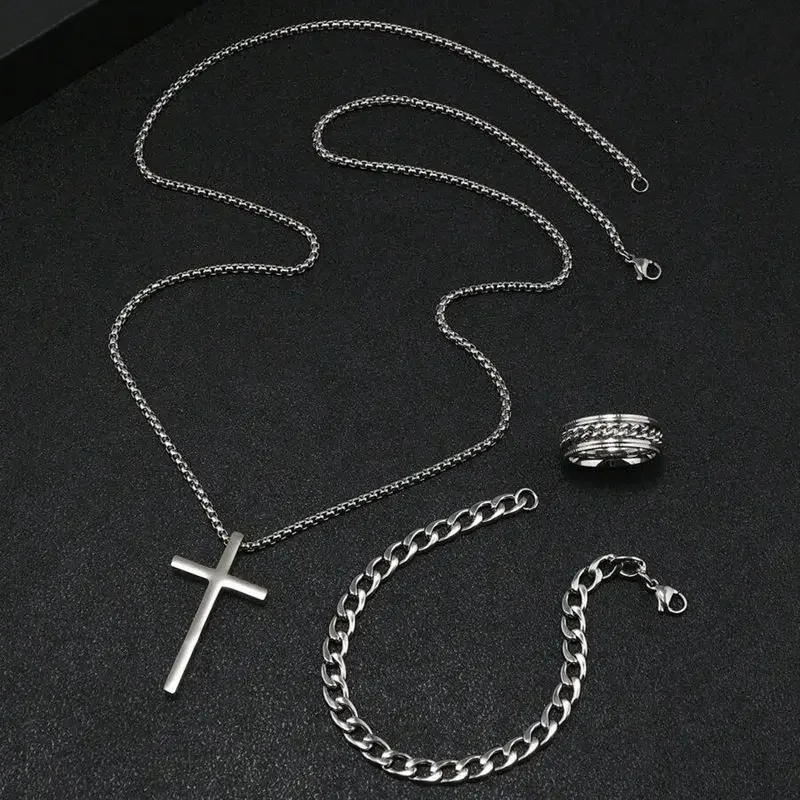 3pcs-New Stainless Steel Cross Cuban Chain Bracelet necklace ring Set for Men Hip Hop Punk Snake Chain Bracelets Fashion Unisex