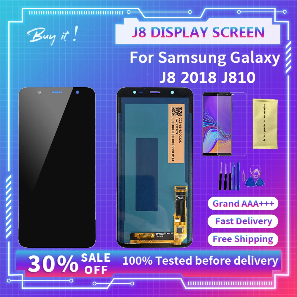 

New Super AMOLED Display for Samsung Galaxy J8 LCD with Touch Screen Digitizer Assembly SM-J810 J810F J810G J810Y Replacement 6"