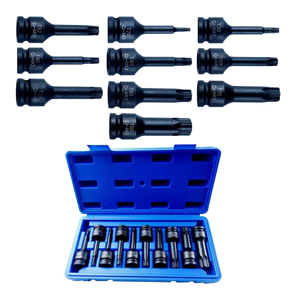 10pcs 1/2 Inch Drive Torx Star Bit Socket Sets T20-T80 Socket Bits Set Metal Hand Tools For 1/2 Inch Square Head Wrench