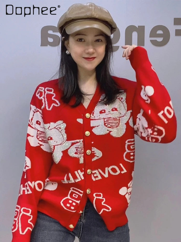 

2024 Spring New Red Sweater Women Cartoon Rhinestone Long Sleeve Sweater Slimming V-Neckline Single Breasted Cardigan Coat