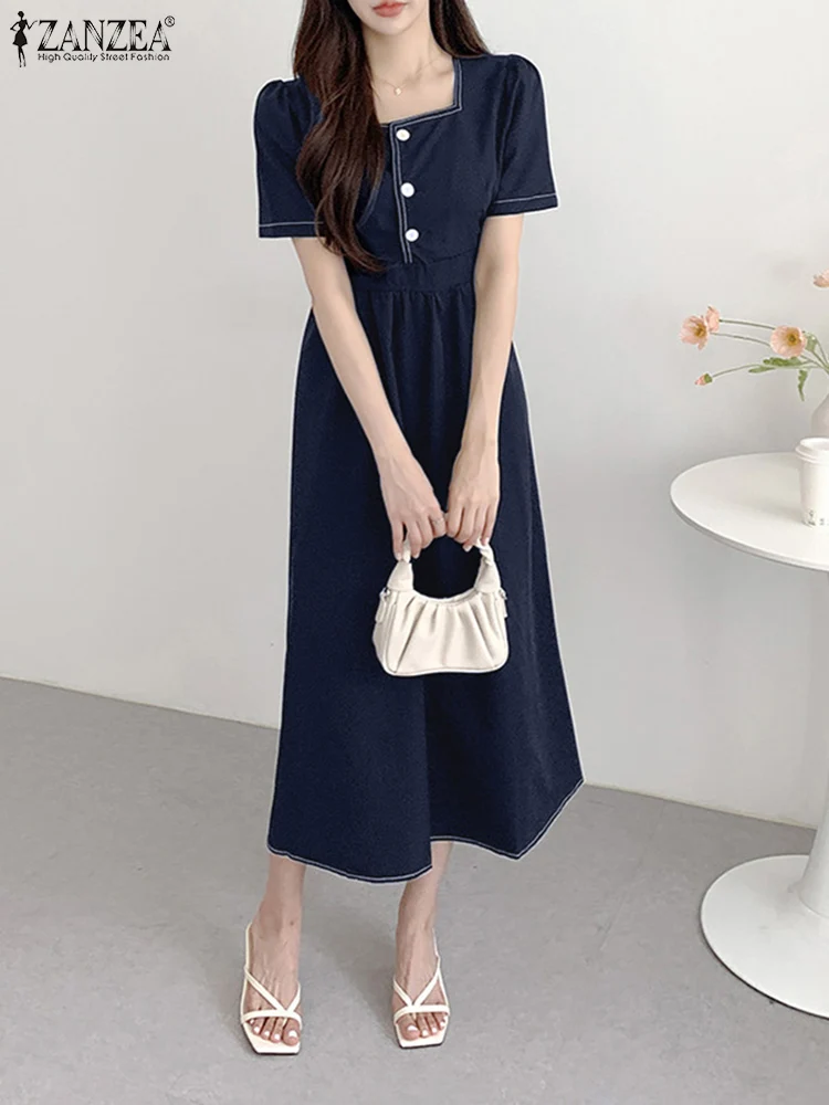 

ZANZEA Dark Blue Sundress Fashion Summer Dress Women Short Sleeve Square Neck Dresses Vintage Elastic Waist Robe Work Vestido