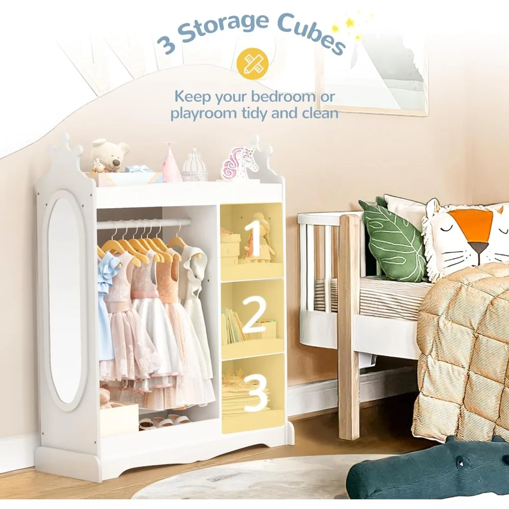 Kids Dress Up Storage with Mirror & 3 Hooks, Kids Closet with Armoire Costume Organizer for Bedroom 3