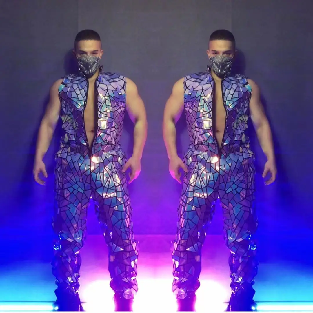 Men Glitter Laser Sequins Sleeveless Jumpsuit Dancer Singer Stage