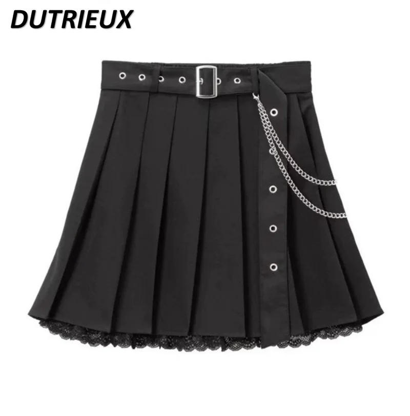 girls-all-matching-short-skirt-customized-japanese-style-sweet-cute-lace-edge-mine-chain-belt-pleated-a-line-mini-skirt
