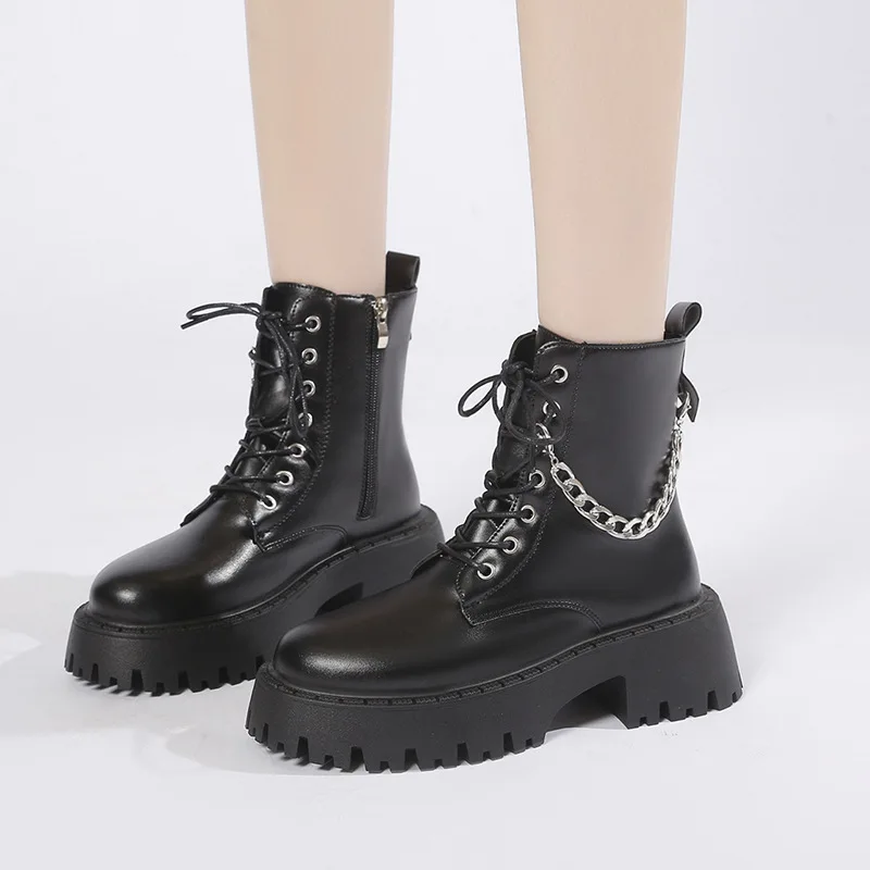 Black Pu Leather Platform Ankle Boots Women Metal Chain Punk Combat Boots Woman Autumn Winter Fashion Motorcycle Booties Mujer