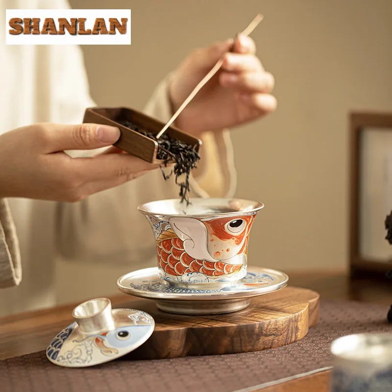150ml Gilt Silver Sancai Gaiwan Creative Auspicious Dragon Cover Bowl Retro Tea Tureen Tea Maker Cafes Gift Chinese Ornaments