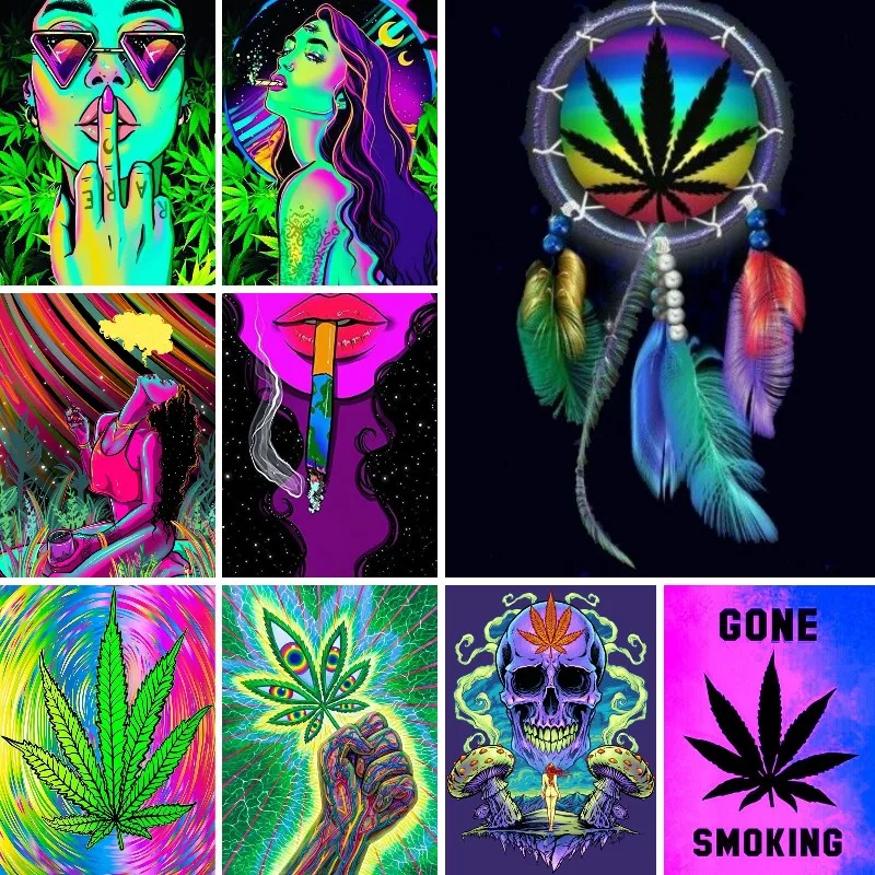 Weed Pop Art Girl Smoking Diamond Painting Kit Full Drill Leaf Full Square Embroidery Mosaic Cross Stitch Home Decor