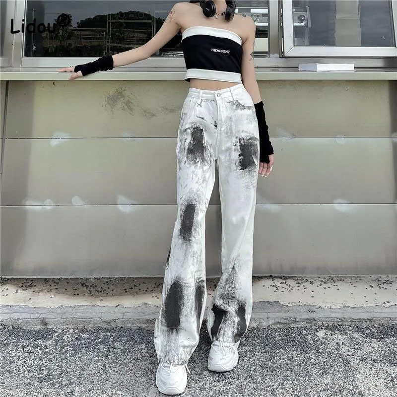 

Streetwear Fashion High Waist Tie Dye Printing Denim Trousers Spring Autumn Women's Loose Vintage Floor Length Wide Leg Pants