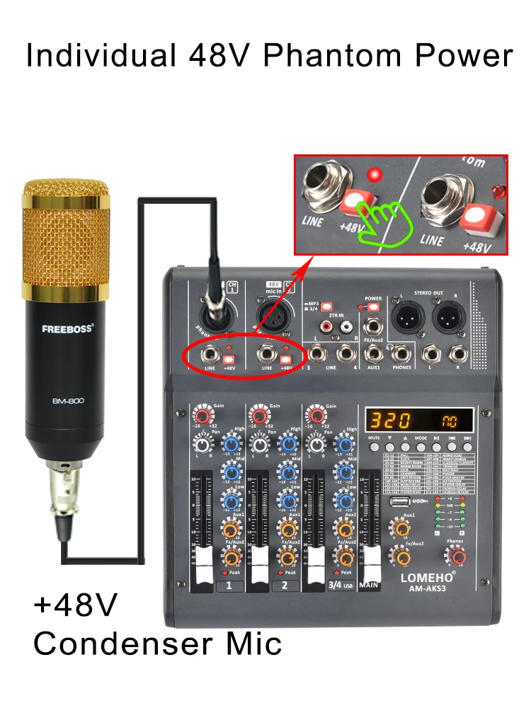 4 Channel Sound Mixer 320 Effects Bluetooth Audio Mixing Console 2 Mono 1 Stereo USB Play Record Church Party DJ AM-AKS3 audio mixer