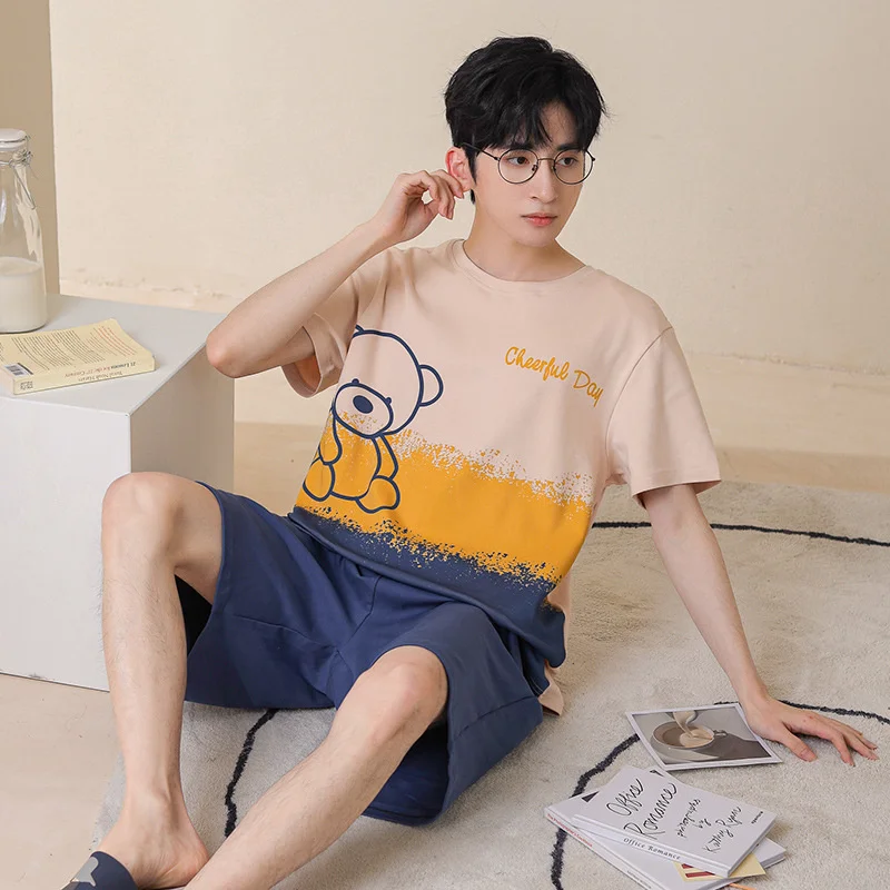 New Men's Pajamas Pure Cotton Short Sleeved Shorts Summer  Version Leisure Sports Youth Home Clothes Set