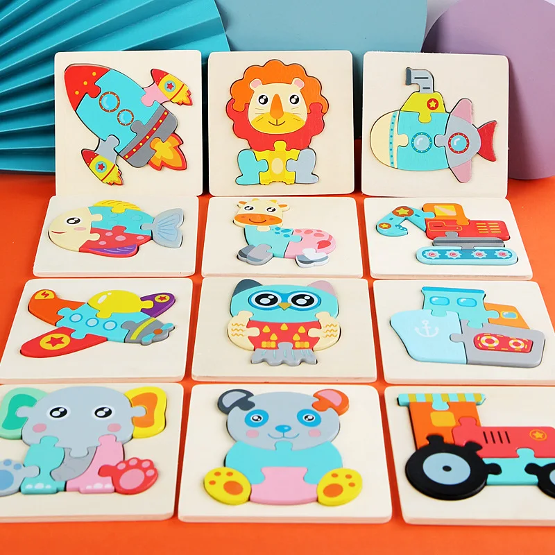 Baby Wooden Toys Intelligence 3D Puzzle Cartoon Animal Jigsaw Puzzle Kids Early Learning Educational Toys for Children Diy Wood