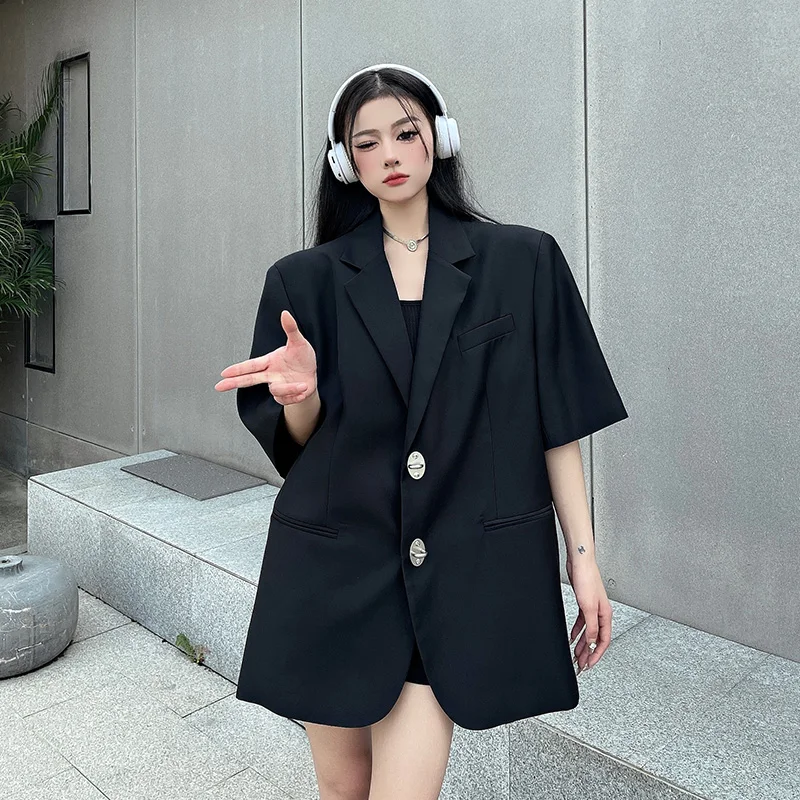 Summer Black Blazers Women Fashion New Streetwear Loose Button Down Short Sleeve Jackets Femme
