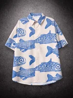 Oversized American Style Fried Street Fashion Small Fish Print New Personalized Mens Shorts Casual Shirts For Summer 1