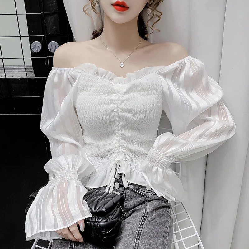 

Элегантные темпераментные топы с V-образным вырезом и расклешенными рукавами для девочек на весну и осень, модная облегающая плиссированная футболка на шнуровке с открытыми плечами