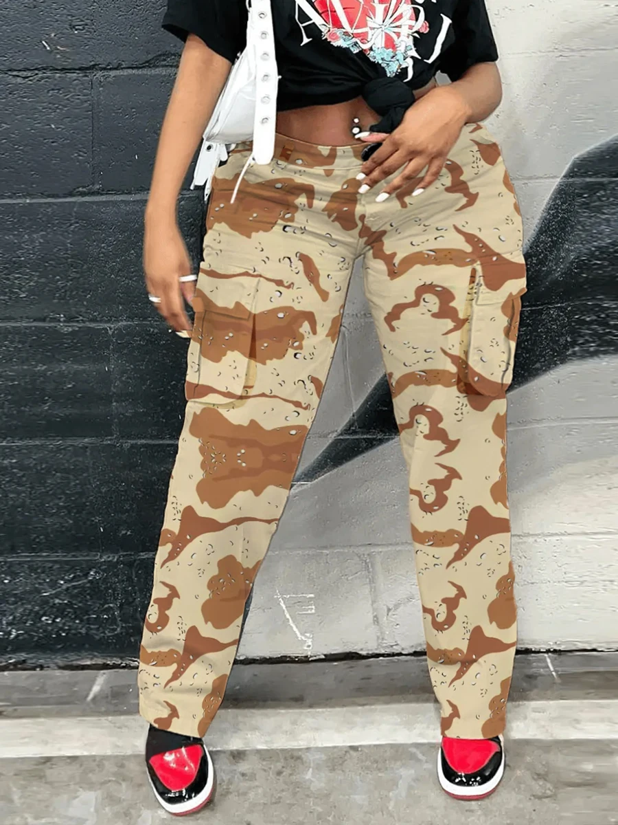 LW Camo pants Women Camouflage Print Drawstring Pocket Design Cargo Pants Casual Long Trouser Casual Patchwork Street Trousers