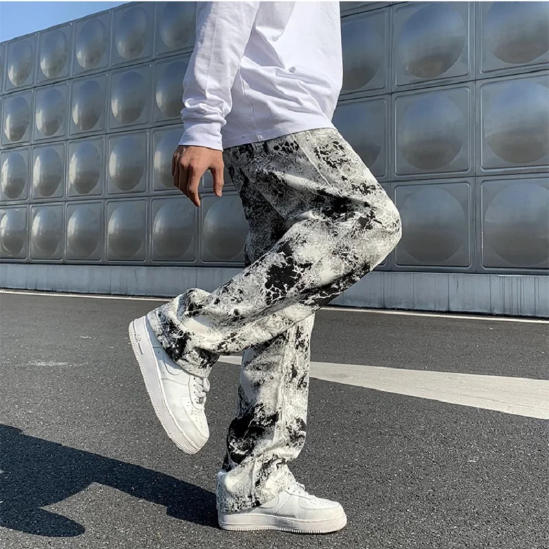 Printed jeans Unisex Elastic waist Spring 2025 Mopping Trousers Jeans Mens Fashion Korean Style High Street Loose Hip Hop Pants