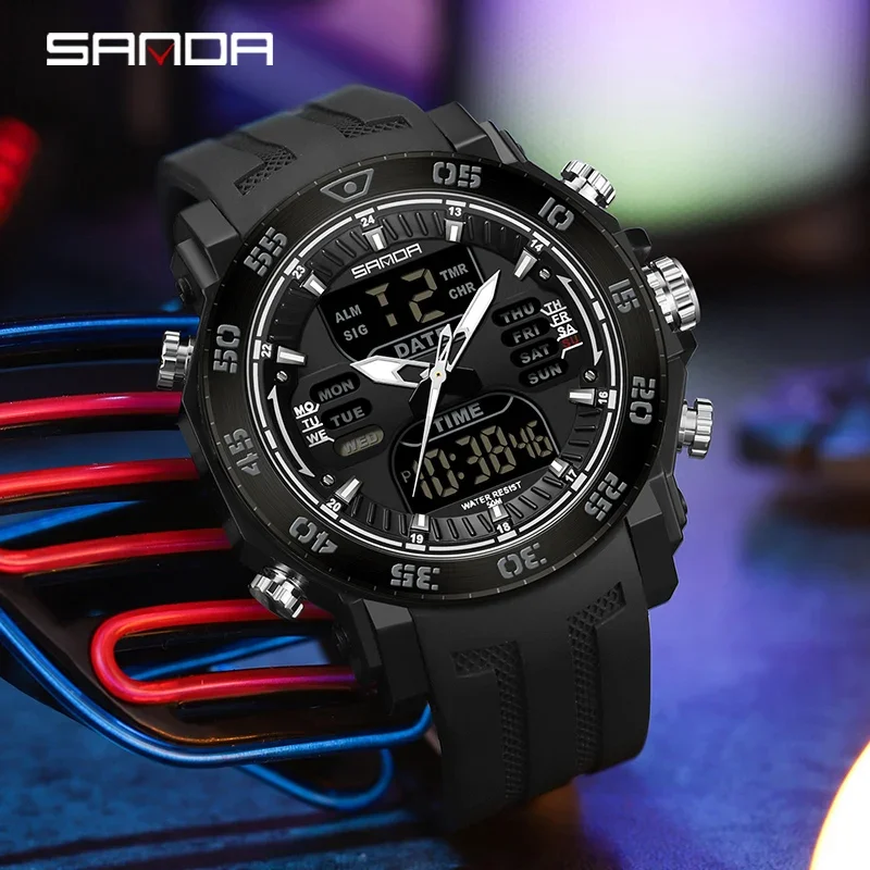 SANDA 6029 Military LED Dual Display Watch for Men Sport Large Dial Waterproof Quartz Digital Wristwatch Mens Reloj Para Hombre