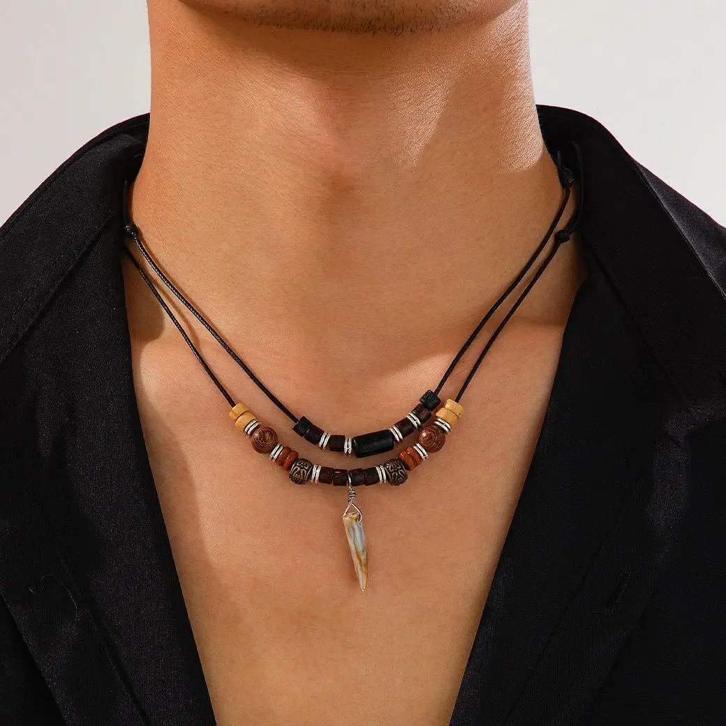Ethnic adjustable wax thread rope chain necklace men trend vintage wolf tooth pendant choker male neck jewelry 2Pcs/Set Ingemark