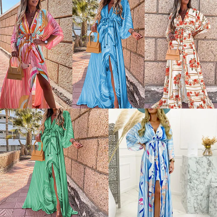 Women's 2024 New Summer Dress Fashion Printed Loose Lace-up Temperament Wide Swing Dress Casual Skirt