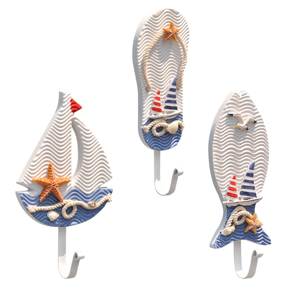 

3 Pcs Creative Ocean Hook Clothes Hanger Hangers Hooks Household Theme Style Wood Wooden Home Mediterranean Clothes-rack Décor