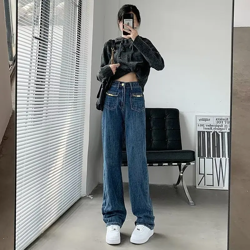 

Women's Denim Wide-Leg Pants Fashion Dark Blue Straight Jeans Y2K Spring Retro High Waist Casual Loose Design Trousers S-5Xl