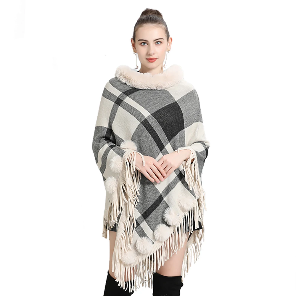 Women Cashmere Feel Plaid Poncho Lady Faux Fur Collar Pullover Coat Autumn Warm Cloak with Rabbit Hair Ball Spring Knitted Shawl